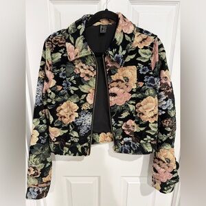 Forever 21 Black Floral Tapestry Zip Jacket